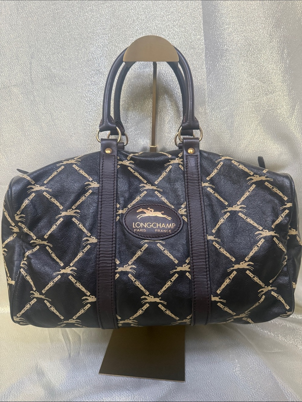 Longchamp Black & Cream Monogram Boston Duffel Bag